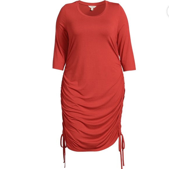 Terra & Sky Women's Ruched Knit Midi Dress with Side Ties Red Chili - Picture 2 of 2